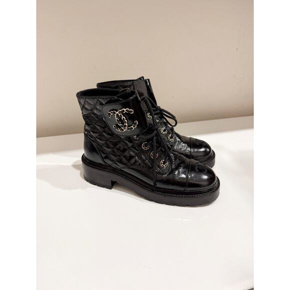 CHANEL Shiny Calfskin Quilted Lace Up Combat Boots with Metal Logo Black EU 37 - Picture 5 of 9